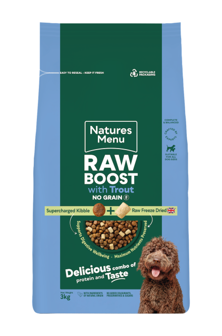 Natures Menu Raw Boost Trout + Fish Dog Kibble 3kg (No GRAIN)